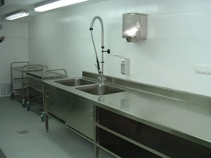 Cocina profesional con fregadero de dos senos y grifo de ducha